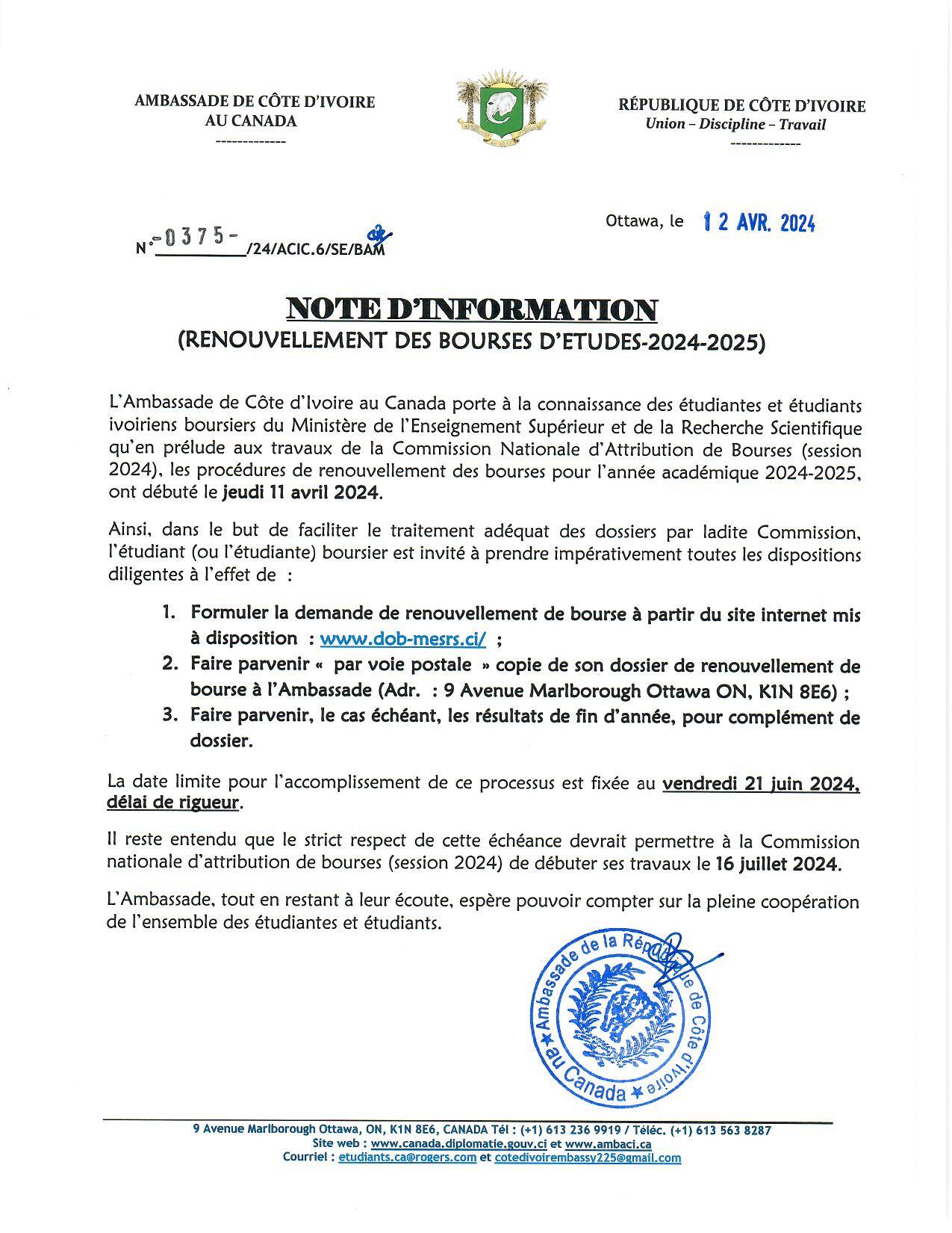 Note d’Information à l’attention des étudiants et étudiantes boursiers – Renouvellement des bourses 2024-2025