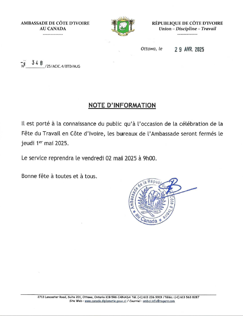 Note d’information : Fermeture temporaire de l’ambassade pour le férié de la fête du travail