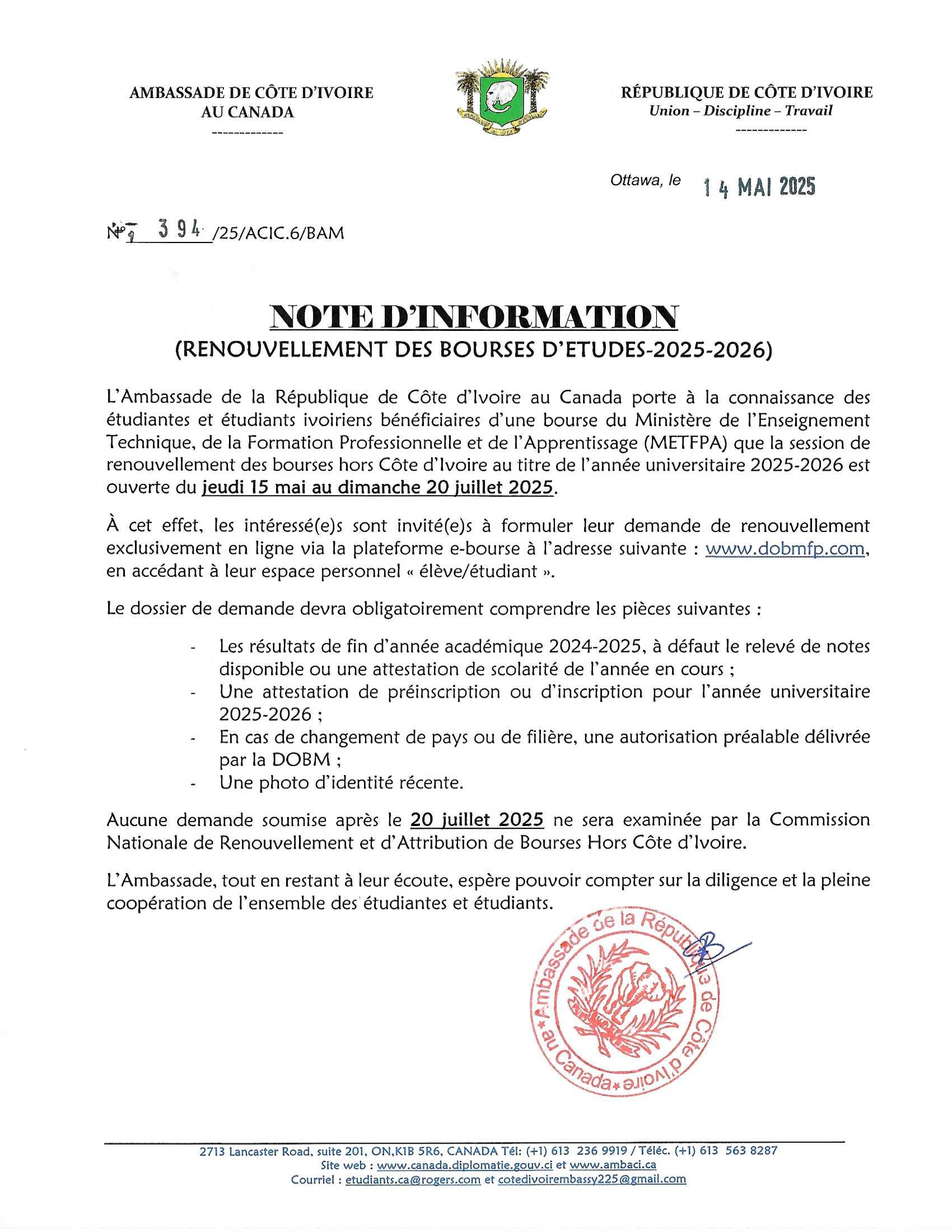Note d’information : Renouvellement des bourses d’études 2025-2026 – Enseignement Technique