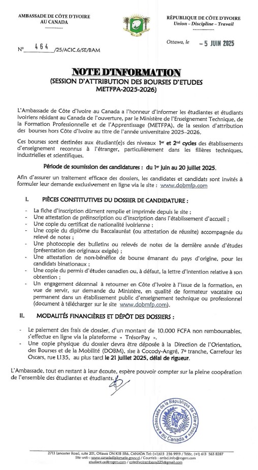 NOTE D’INFORMATION : SESSION D’ATTRIBUTION DES BOURSES D’ETUDES METFPA-2025-2026