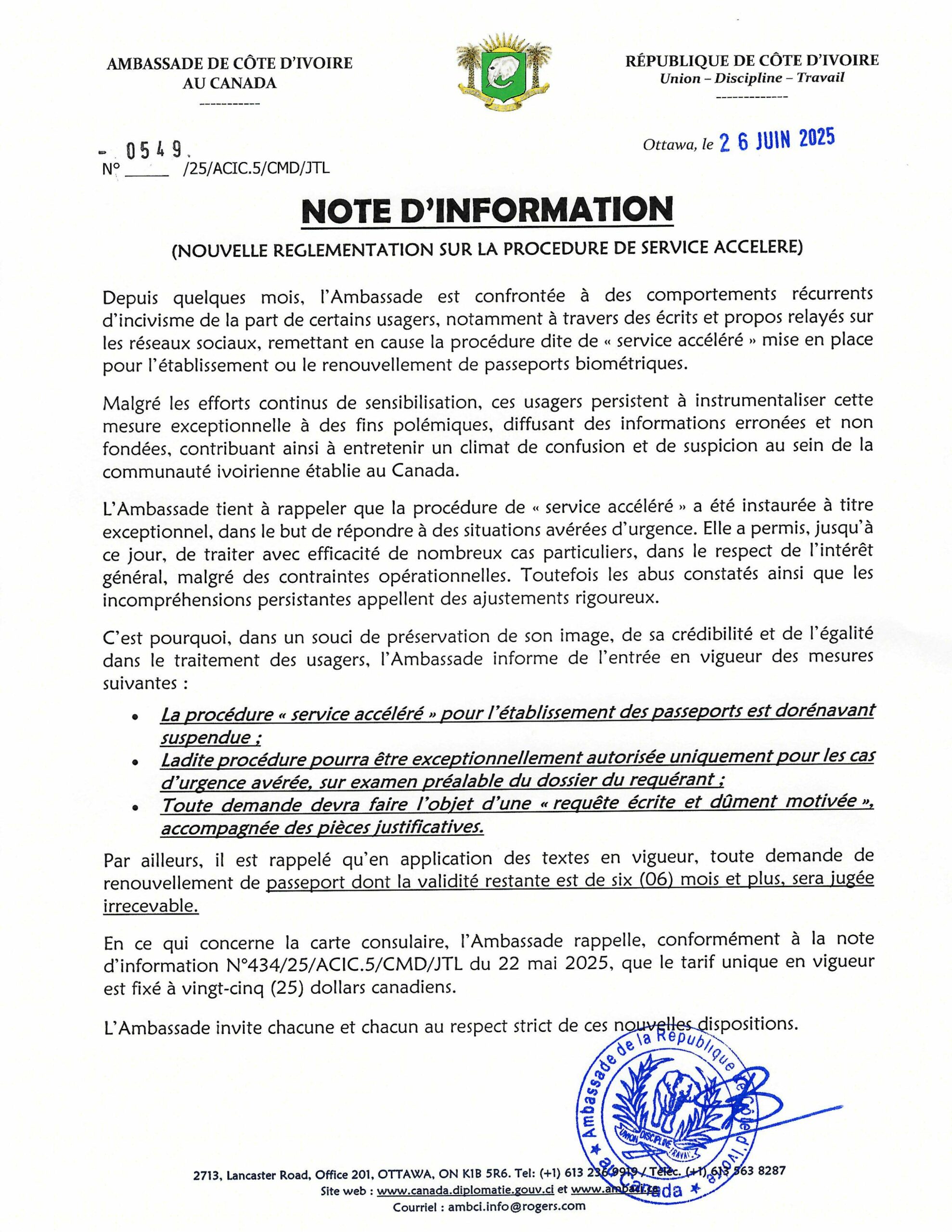 NOTE D’INFORMATION : SUSPENSION DU SERVICE ACCELERE