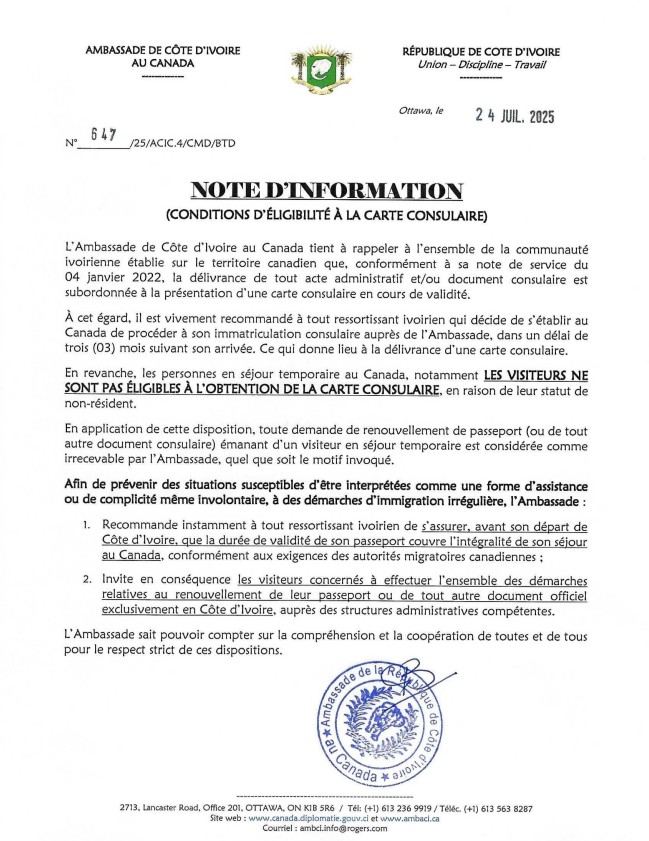 NOTE D’INFORMATION : CONDITIONS D’ELIGIBILITE A LA CARTE CONSULAIRE