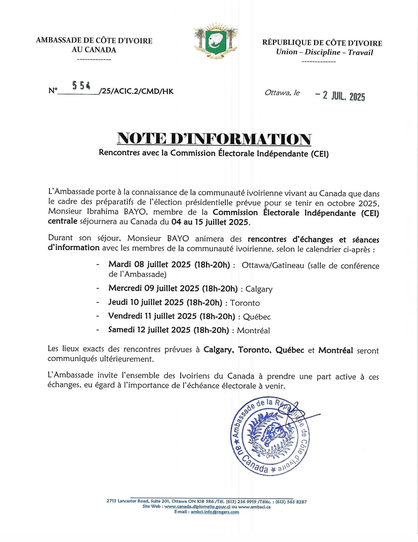 ELECTIONS GENERALES D’OCTOBRE 2025 : Rencontres avec la Commission Electorale Indépendante (CEI) du 08 au 12 juillet 2025