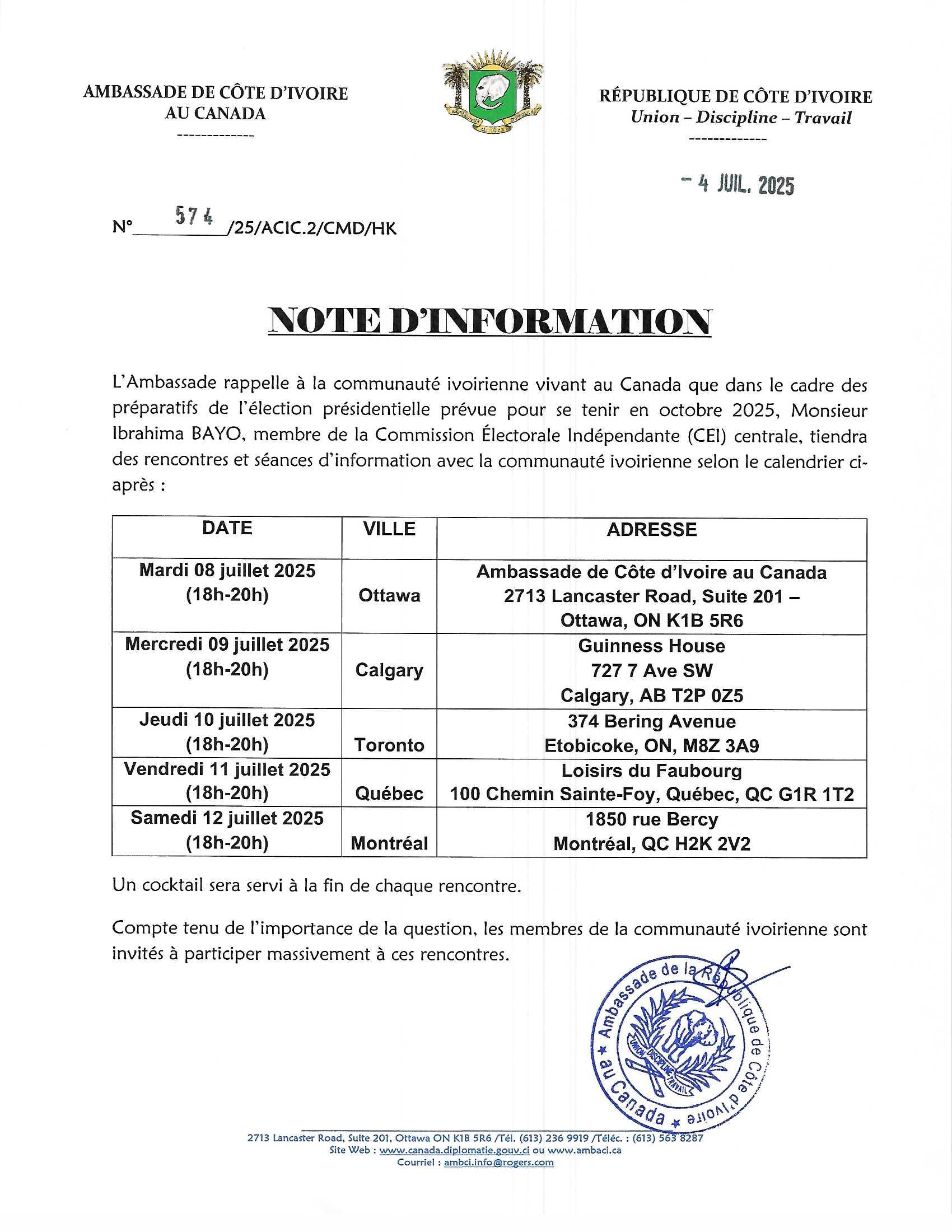 RAPPEL : ELECTIONS GENERALES D’OCTOBRE 2025 – Rencontres avec la Commission Electorale Indépendante (CEI) du 08 au 12 juillet 2025