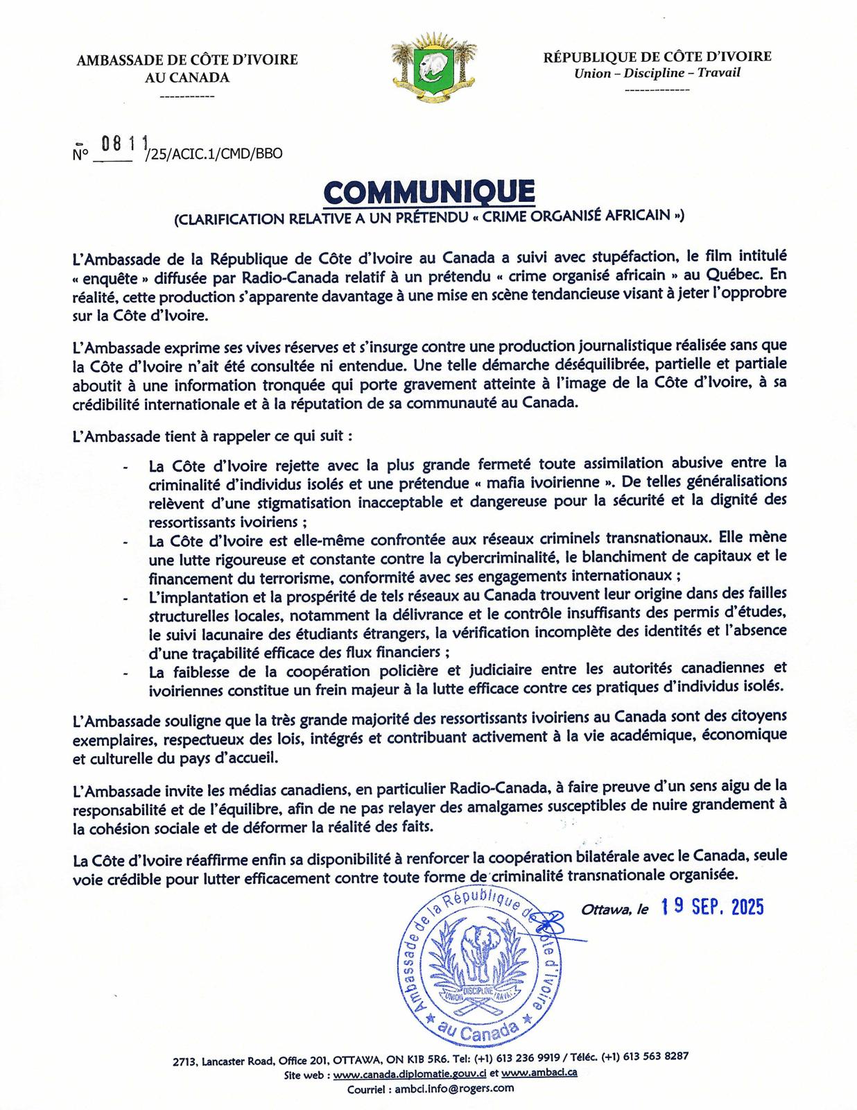 COMMUNIQUE : CLARIFICATION RELATIVE A UN PRÉTENDU « CRIME ORGANISÉ AFRICAIN »